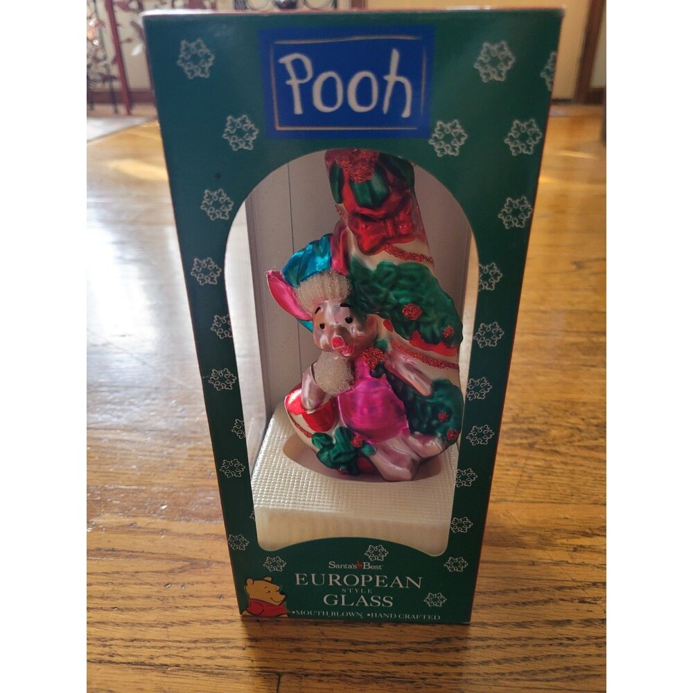 Vtg Disney Santas Best European Style Glass Piglet Winnie the Pooh Ornament